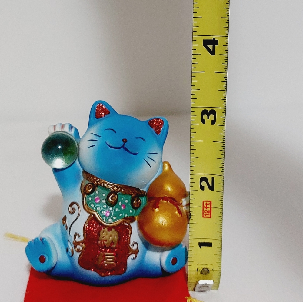 3" Blue Maneki Neko Cat Figurine Red Pillow Kao Miao Chuang Glass Ball Gourd - Picture 12 of 12